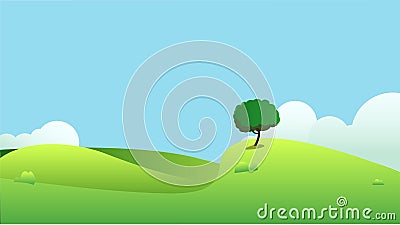 Beautiful fields landscape with a dawn, green hills, bright color blue sky, Vector Illustration