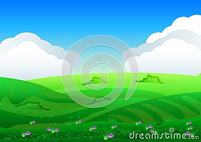 Beautiful fields landscape with a dawn, green hills, bright color blue sky, background in flat cartoon style. Vector Illustration