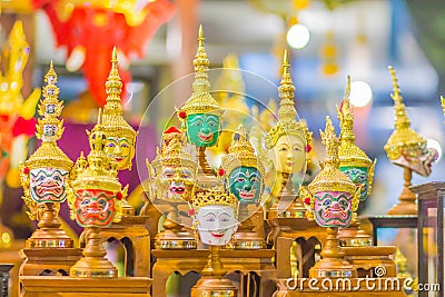 Beautiful fine art masks of Hua Khon, the Thai traditional mask for dancing performance. Khon is Thai traditional dance of the Ram Editorial Stock Photo