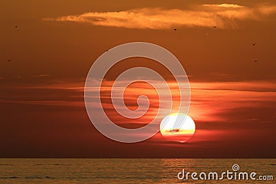 Beautiful fire colored sunset over the Adriatic Sea in Croatia. Stock Photo