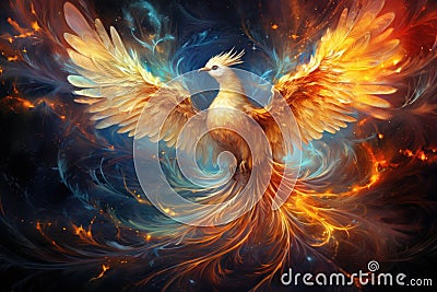 Beautiful firebird on the magical background. Phoenix.Burning bird. Mythical Creature. Legend. Fantasy Fiery bird.Fairytale Stock Photo