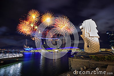 Firework over Merlion park in Singapore city Editorial Stock Photo