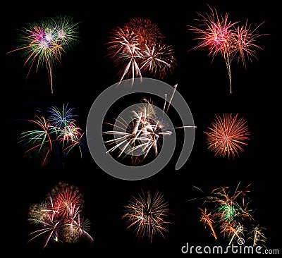 Beautiful firework set on black background. Very large resolution picture. Stock Photo