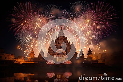 Beautiful fireworks display over Prambanan temple, Yogyakarta, Java, Indonesia, Fireworks above a Hindu temple during Diwali or Stock Photo