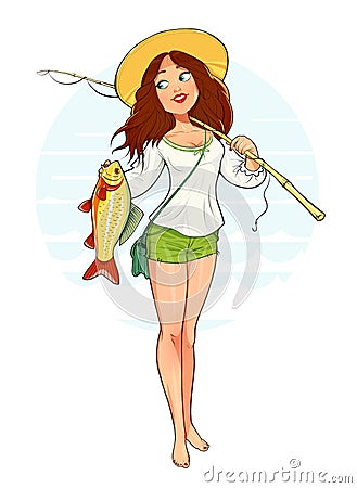 Beautiful fisher girl with fish and rod Cartoon Illustration