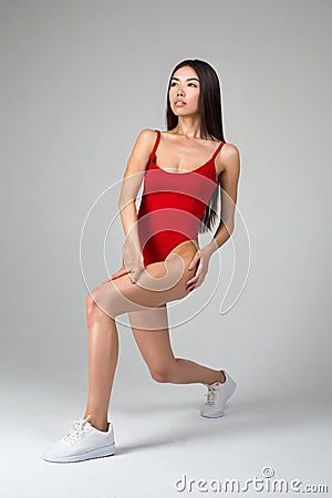 Beautiful Fit Woman Doing Stretching Exercises Stock Photo