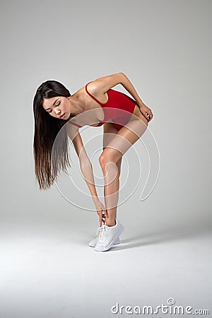 Beautiful Fit Woman Doing Stretching Exercises Stock Photo