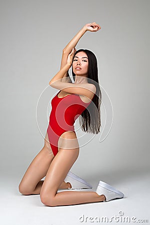 Beautiful Fit Woman Doing Stretching Exercises Stock Photo