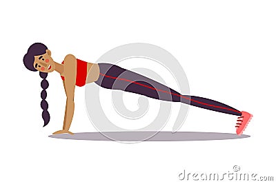 Cute young dark-haired trainer girl doing plank exercise pose in a gym. Vector illustration in the flat cartoon style Vector Illustration