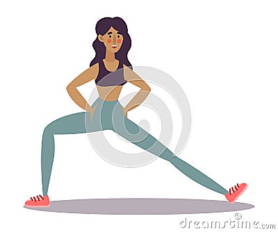 Cute young dark-haired trainer girl doing stretching exercise on legs in a gym. Vector illustration in the flat cartoon Vector Illustration