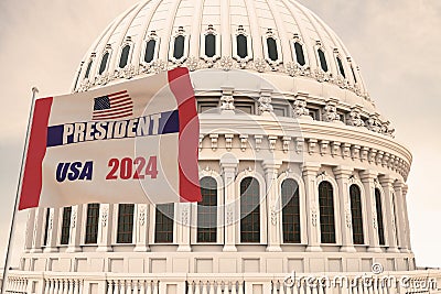 Beautiful flag of the PRESIDENT ELECTIONS 2024 USA with the strong wind and behind it the dome of the Capitol USA 3D RENDER, 3D RE Editorial Stock Photo