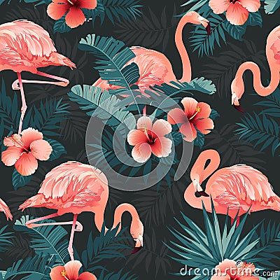 Beautiful Flamingo Bird and Tropical Flowers Background. Seamless pattern vector. Vector Illustration