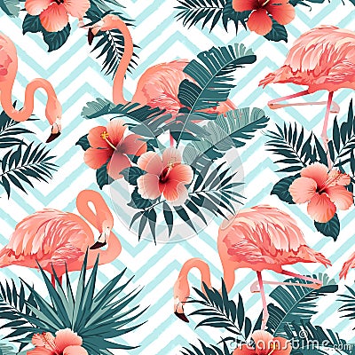 Beautiful Flamingo Bird and Tropical Flowers Background. Seamless pattern vector. Vector Illustration