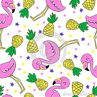 Beautiful Flamingos and a Pineapple on an abstract tropical pattern seamless background. Print design for textiles. Trend fabric Stock Photo