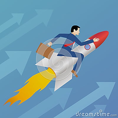 Beautiful flat design business vector metaphor of a businessman sitting on a rocket and heading upwards Vector Illustration