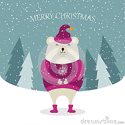 Beautiful flat design Christmas card with dressed polar bear Vector Illustration