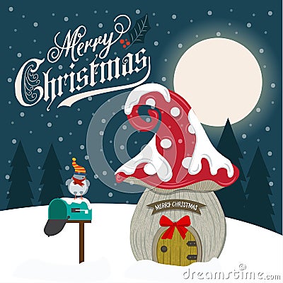 Beautiful flat design Christmas card with fairy house Vector Illustration