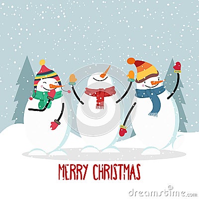 Beautiful flat design Christmas card with joyful snowman Vector Illustration