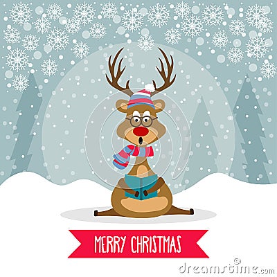 Beautiful flat design Christmas card with reindeer singing carol Vector Illustration