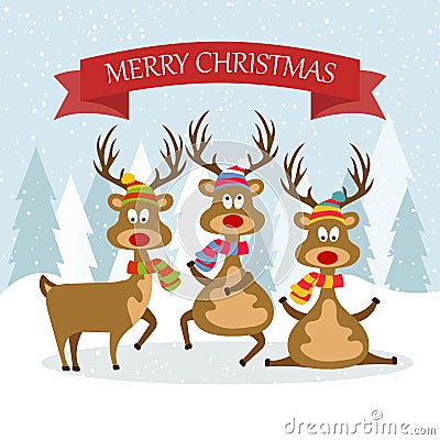 Beautiful flat design Christmas card with reindeers Vector Illustration