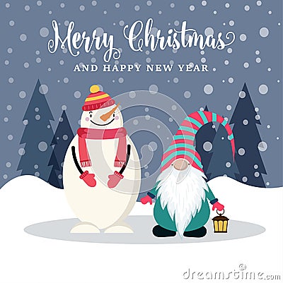 Beautiful flat design Christmas card with snowman and gnome Vector Illustration