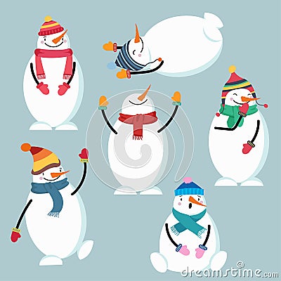 Beautiful flat design snowman collection Vector Illustration
