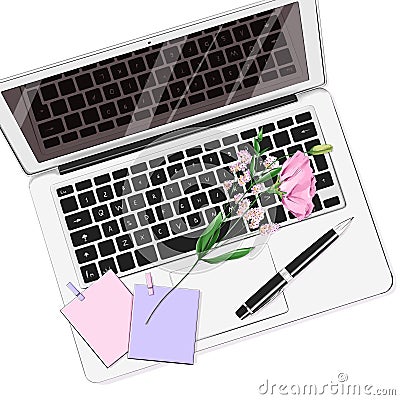 Beautiful flat lay set with laptop, pen, stickers and flower. Notebook with keyboard on table. Stock Photo