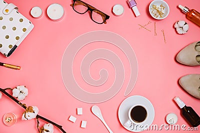 Beautiful flatlay frame arrangement with cosmetics, planner, cup of espresso, glasses and other beauty or business accessories Stock Photo