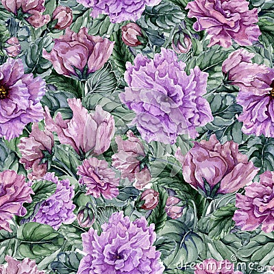 Beautiful floral background with purple viola flowers and leaves. Seamless botanical pattern. Watercolor painting. Hand painted Cartoon Illustration