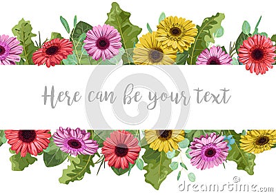 Beautiful floral banner frame with multi-colored gerbera and eucalyptus leaves isolated on white background Horizontal vector Vector Illustration