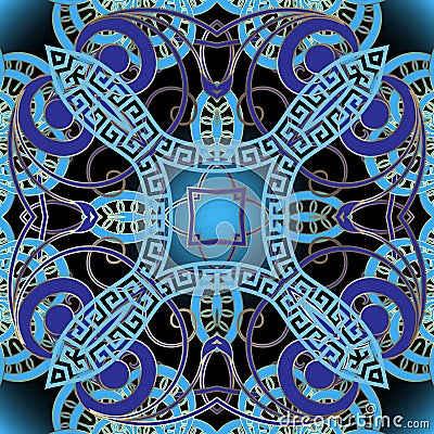 Beautiful floral blue vector seamless pattern. Vintage patterned ethnic style background. Greek key meander elegance Vector Illustration