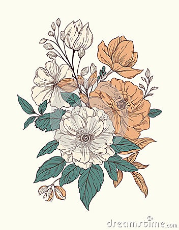 Beautiful Floral Bouquet in Vintage Style. Vector Illustration