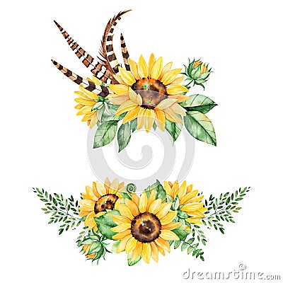 Beautiful floral collection with sunflowers,leaves,branches,fern leaves,feathers Stock Photo