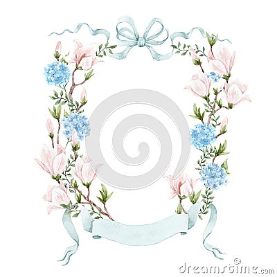 Beautiful floral frame with gentle watercolor hand drawn pink magnolia and blue hydrangea flowers. Wedding clip art Cartoon Illustration