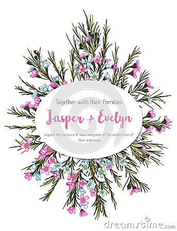 Beautiful floral greeting card, wedding invitation, banner, label. Pink and blue wax flowers with an oval frame isolated on white Vector Illustration
