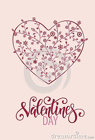 Beautiful floral heart with lettering. Valentine card Vector Illustration