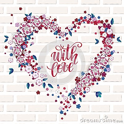 Beautiful floral heart with lettering. Valentine card Vector Illustration