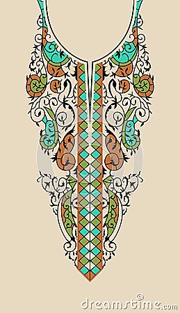 Beautiful floral neckline embroidery on brown background.geometric ethnic oriental pattern traditional.Aztec style abstract vector Cartoon Illustration