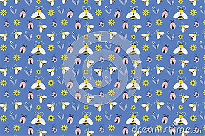 Beautiful floral pattern decoration on a blue background. Abstract insects pattern design with bees and ladybugs. Seamless pattern Vector Illustration