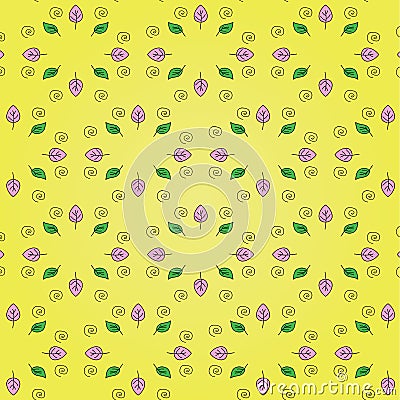 Beautiful floral pattern: pink and green leaves, black spiral on a bright yellow background. Vector Illustration