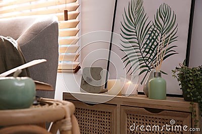 Beautiful floral picture, plant and decor on wooden commode indoors. Interior accessories Stock Photo