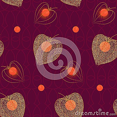 beautiful floral seamless pattern with eastern motifs, orange physalis fruits on juicy vinous background, editable vector Vector Illustration