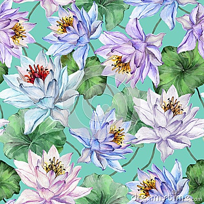 Beautiful floral seamless pattern. Large colorful lotus flowers with leaves on turquoise background. Hand drawn illustration. Cartoon Illustration