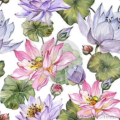 Beautiful floral seamless pattern. Large pink and purple lotus flowers with leaves on white background. Hand drawn illustration. Cartoon Illustration