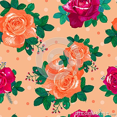 Beautiful floral seamless pattern.Red,orange roses with green leaves on a light background. Vector Illustration