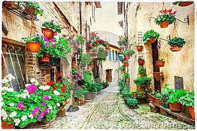 Beautiful floral streets of Spello ,Italy Stock Photo