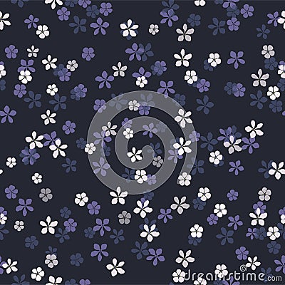 Small white, blue and purple flowers on navy blue background. Vector Illustration