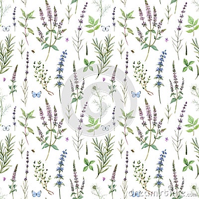 Beautiful floral vector seamless pattern with hand drawn watercolor spearmint flowers. Stock illustration. Vector Illustration