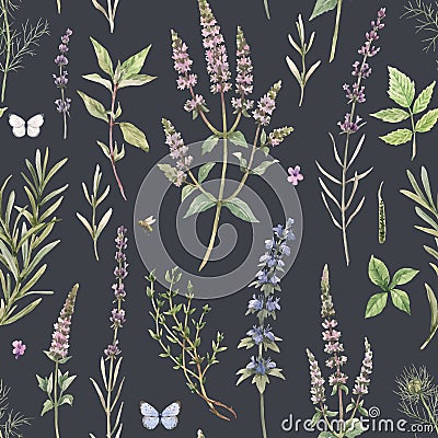 Beautiful floral vector seamless pattern with hand drawn watercolor spearmint flowers. Stock illustration. Vector Illustration