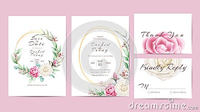 Beautiful Floral Wedding Invitation Set of Watercolor Roses Vector Illustration